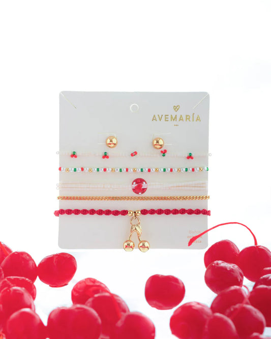 Set of 5 Cherry Bracelets + Earrings