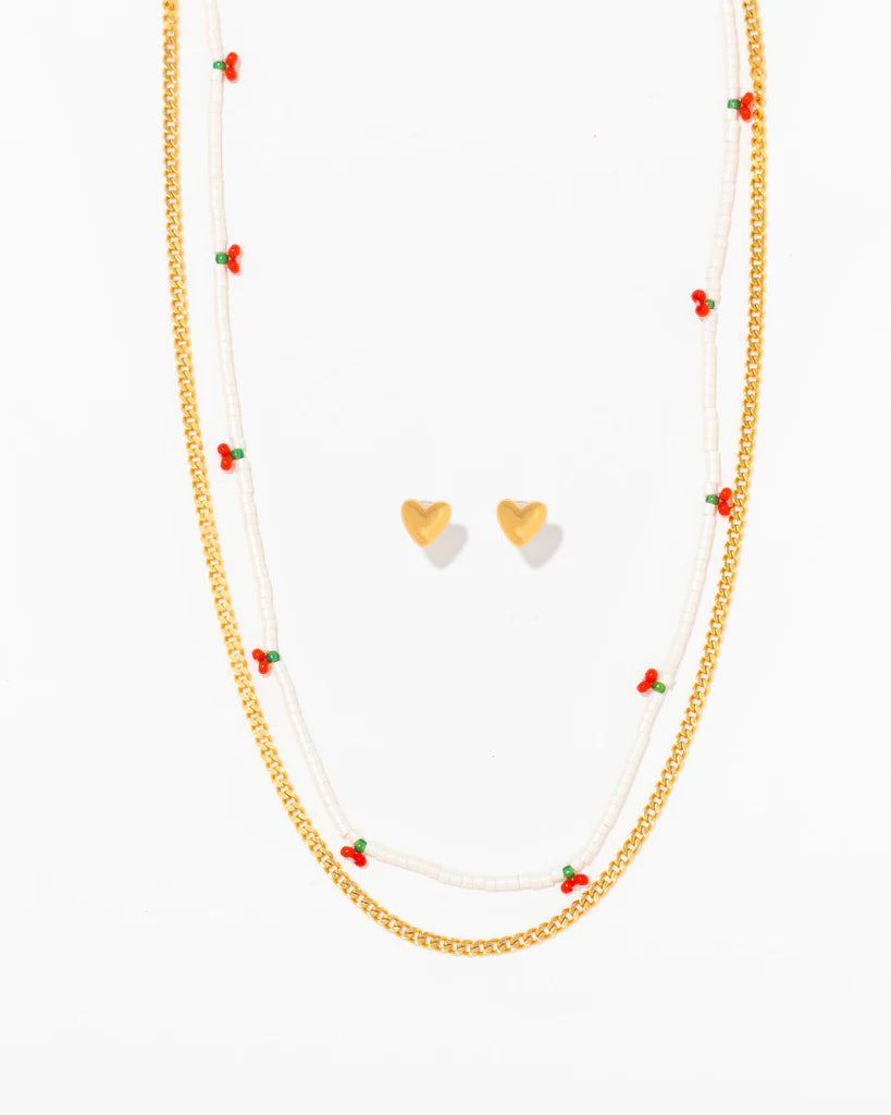 Set of 2 Cherry Necklaces + Earrings