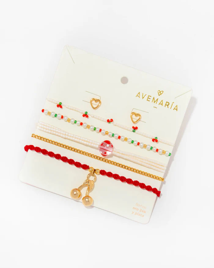Set of 5 Cherry Bracelets + Earrings